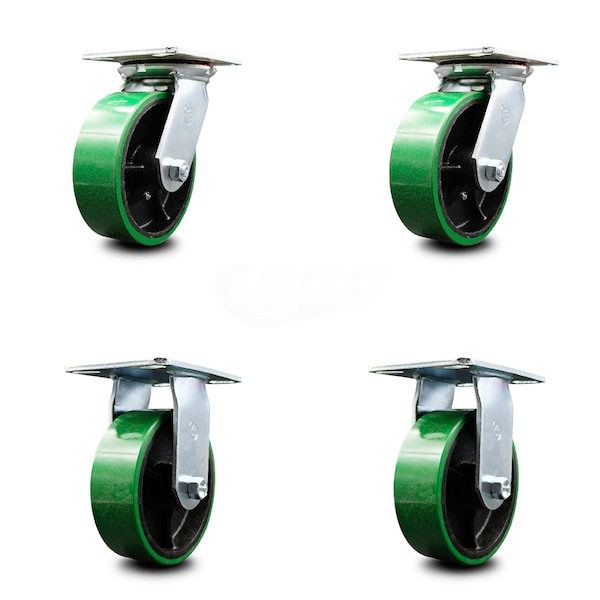 6 Inch Green Poly on Cast Iron Caster Set with Ball Bearings 2 Swivel 2 Rigid